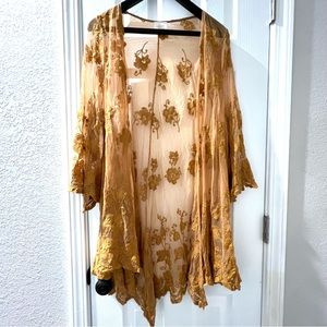 Mustard Golden Yellow Orange Floral Embroidered Kimono
